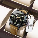 POEDAGAR Mens Watches Chronograph Luxury Black Leather Strap Wrist Watch For Men