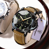 POEDAGAR Mens Watches Chronograph Luxury Black Leather Strap Wrist Watch For Men
