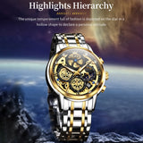 OVERFLY OLEVS Mens Watch Chronograph Luxury Watch with Gold Steel Strap wrist Watch For Men