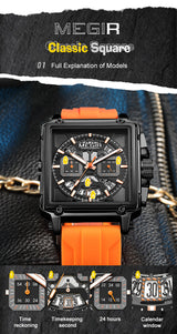 MEGIR Mens Watch Analog Chronograph Luxury with Black & Oranage Silicone Strap Wrist Watch For Men