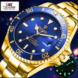 OVERFLY TEVISE Automatic Skeleton Mechanical Luxury Watch for Men (T801-Gold-Blue)