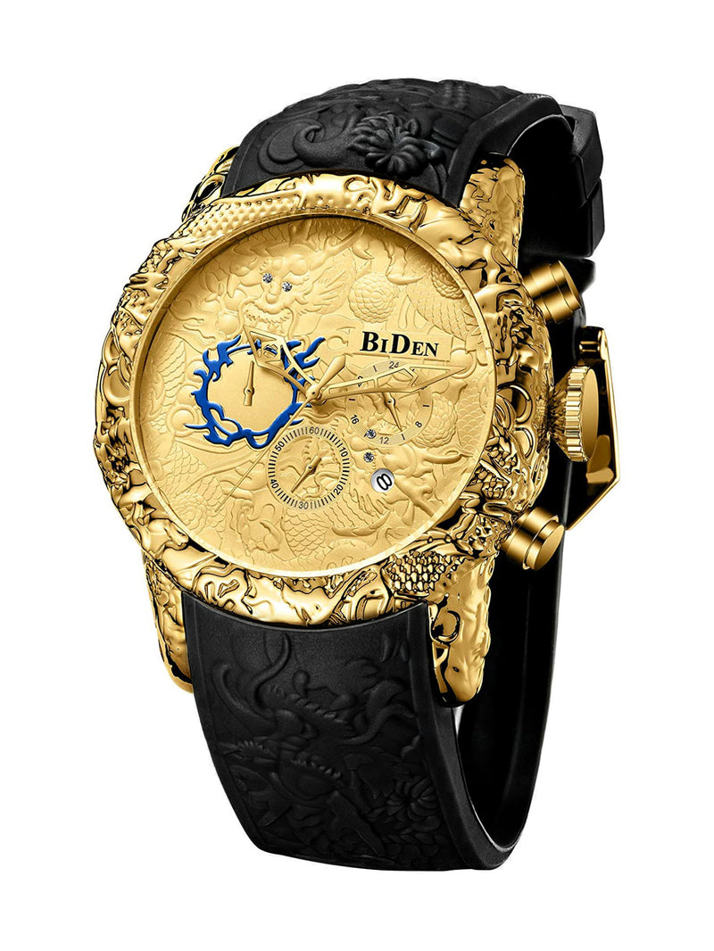 OVERFLY BIDEN Analog Chronograph Dragon Dial Luxury Men's Watch (NOW IN INDIA)(BD-129-Black-Gold)