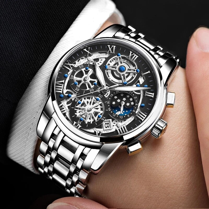 OVERFLY LIGE Mens Watch Analog Chronograph Luxury Watch Gold and  Steel Strap Wrist Watch For Men