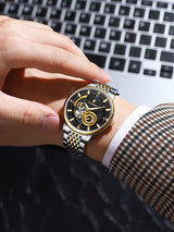 POEDGAR Automatic Mechanical Luxury skeleton wrist watch stainless steel strap Analog Watch For Men