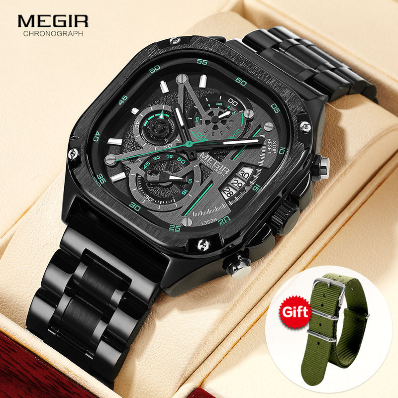 MEGIR Men's Watch Analog Chronograph Luxury with Gree Neto Strap wrist Watch For Men