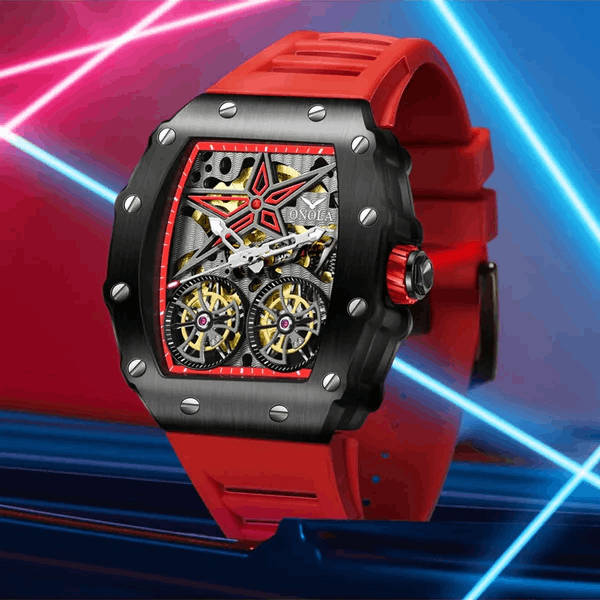 OVERFLY Onola Double Tourbillon Automatic Skeleton Mechanical Flywheel Unique Dial Luxury Men's Watch - 6828-BLK-RED