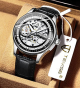 OVERFLY TEVISE Mens Watch Automatic Mechanical Luxury with Black Leather strap wrist Watch for Men