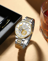 POEDGAR Automatic Mechanical Luxury skeleton wrist watch stainless steel strap Analog Watch For Men