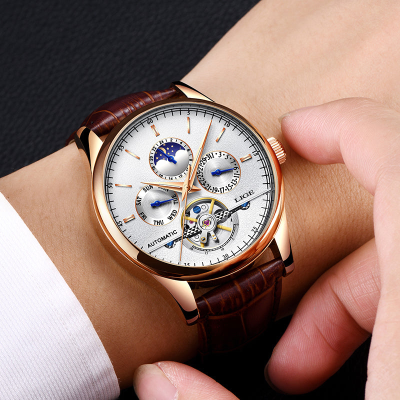 LIGE Automatic Chronograph Mechanical Skeleton Luxury Dail Men's Watch(LG-9843-White)