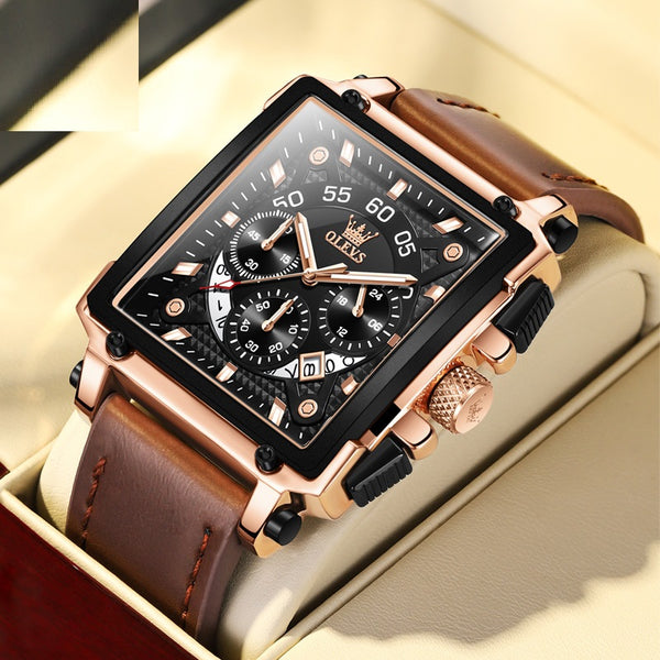 OVERFLY OLEVS Mens Watch Analog Chronograph Luxury Watch Rose Gold and Brown Leather Strap Wrist Watch For Men