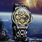 OVERFLY OLEVS Mens Watch Chronograph Luxury Watch with Black Steel Strap wrist Watch For Men