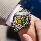 OVERFLY OLEVS Mens Watch Chronograph Luxury Watch with Black Steel Strap wrist Watch For Men