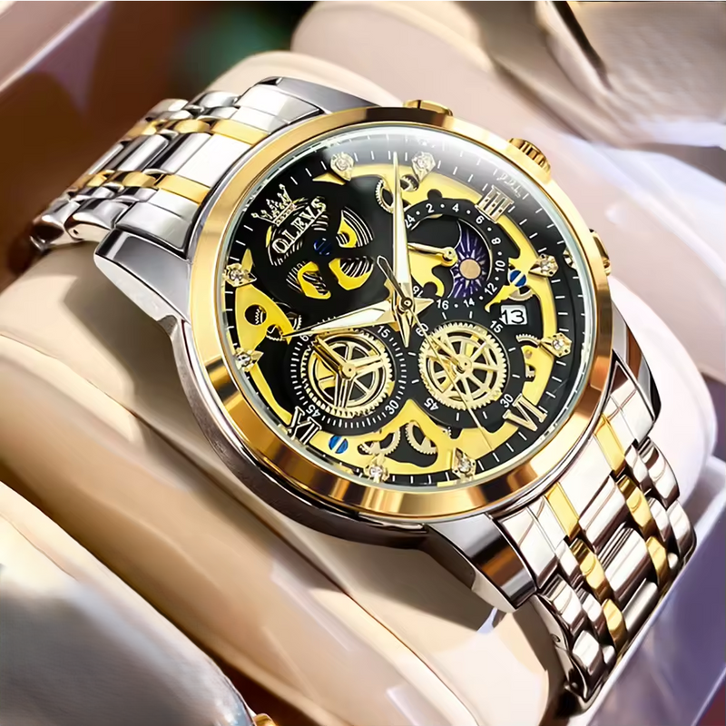 OVERFLY OLEVS Mens Watch Chronograph Luxury Watch with Gold Steel Strap wrist Watch For Analog