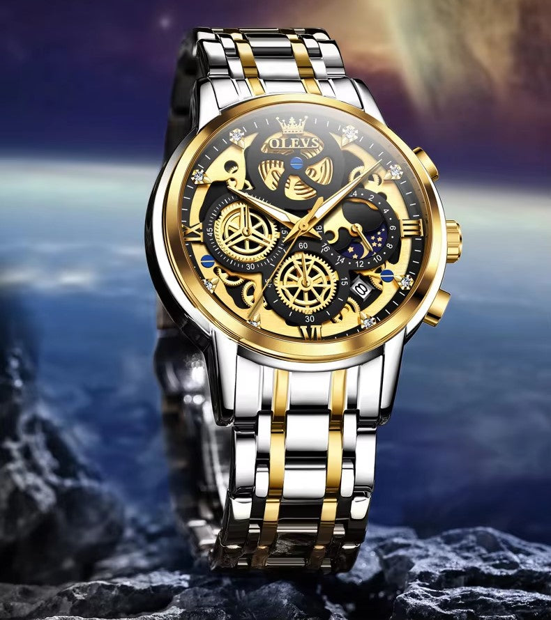 OVERFLY OLEVS Mens Watch Chronograph Luxury Watch with Gold Steel Strap wrist Watch For Analog