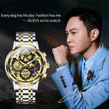 OVERFLY OLEVS Mens Watch Chronograph Luxury Watch with Gold Steel Strap wrist Watch For Analog