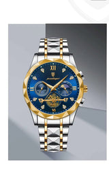 OVERFLY POEDAGAR Mens Watch Analog Luxury Watch Blue with Gold Dial And Gold & Steel Strap wrist Watch For Men