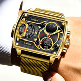 OVERFLY FOXBOX 3 Time Zones Analog Digital Luxury Chronograph Watch for Men (FB009-Gold)