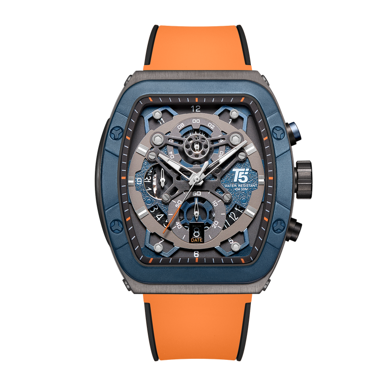 OVERFLY T5 Mens Watch Analog Chronograph Luxury Watch With Blue Dial & Orange Silicone Strap Wrist Watch For Men