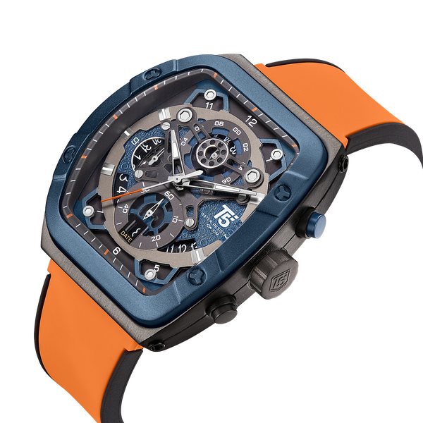 OVERFLY T5 Mens Watch Analog Chronograph Luxury Watch With Blue Dial & Orange Silicone Strap Wrist Watch For Men