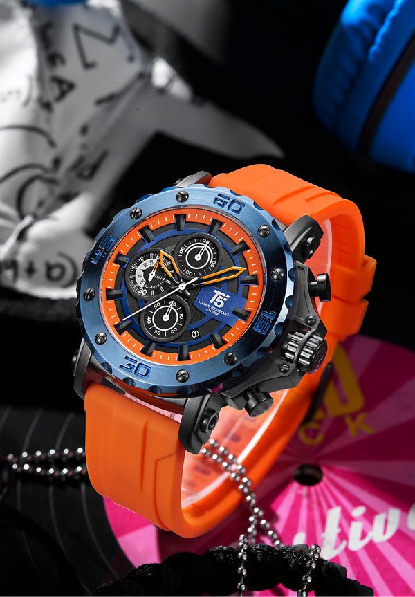 OVERFLY T5 Mens Watch Analog Chronograph Luxury Watch With Blue Dial & Orange Silicone Strap Wrist Watch For Men