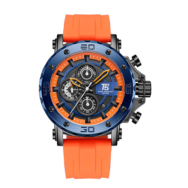 OVERFLY T5 Mens Watch Analog Chronograph Luxury Watch With Blue Dial & Orange Silicone Strap Wrist Watch For Men