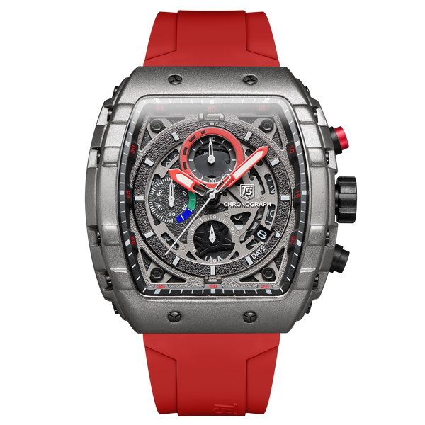 OVERFLY T5 Mens Watch Analog Chronograph Luxury Watch With Black Dial & Red Silicone Strap Wrist Watch For Men