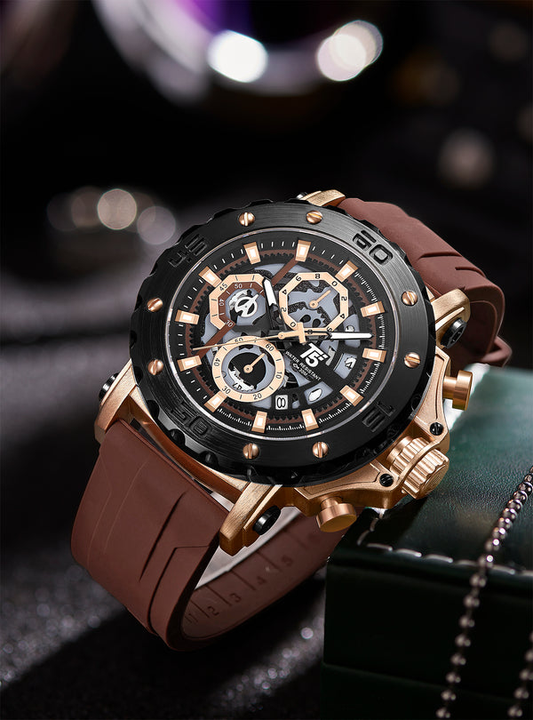 OVERFLY T5 Mens Watch Analog Chronograph Luxury Watch With Black & Rose Gold Dial & Brown Silicone Strap Wrist Watch For Men