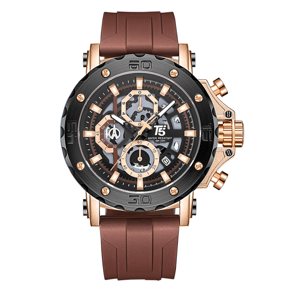 OVERFLY T5 Mens Watch Analog Chronograph Luxury Watch With Black & Rose Gold Dial & Brown Silicone Strap Wrist Watch For Men