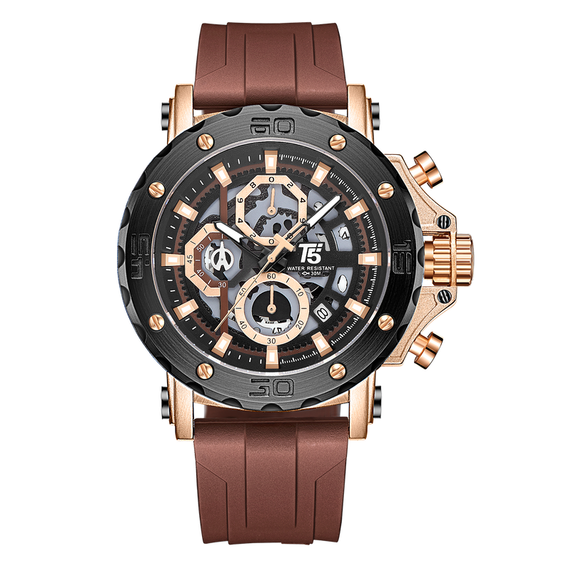 OVERFLY T5 Mens Watch Analog Chronograph Luxury Watch With Black & Rose Gold Dial & Brown Silicone Strap Wrist Watch For Men