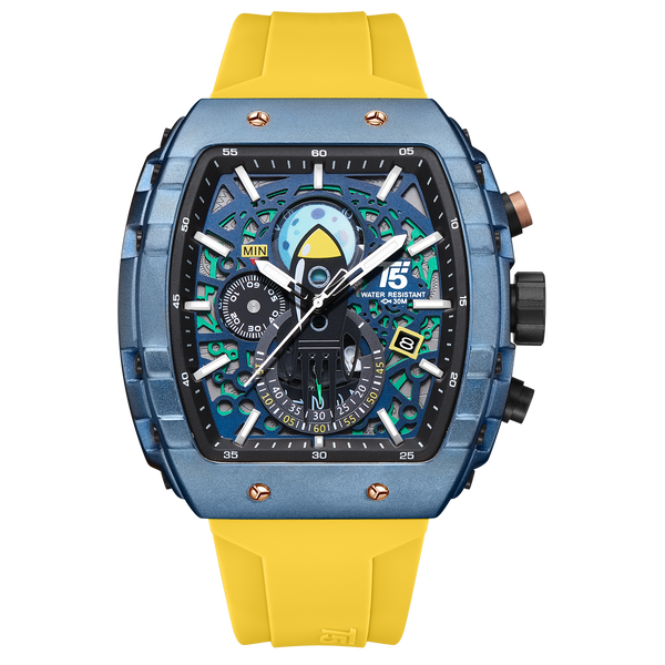 OVERFLY T5 Mens Watch Analog Chronograph Luxury Watch With Blue Dial & Yellow Silicone Strap Wrist Watch For Men