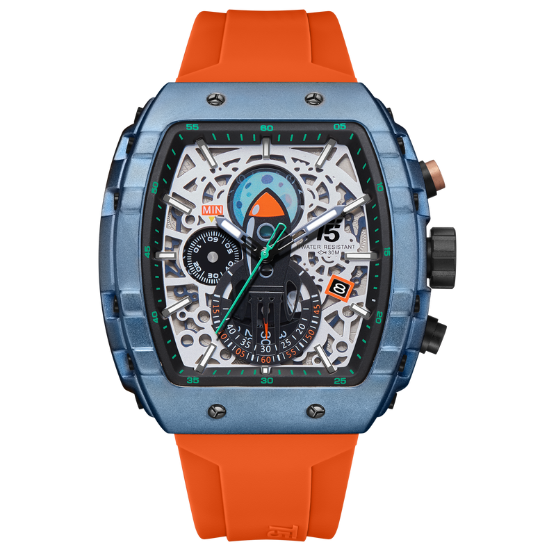 OVERFLY T5 Mens Watch Analog Chronograph Luxury Watch With Silver Dial & Orange Silicone Strap Wrist Watch For Men