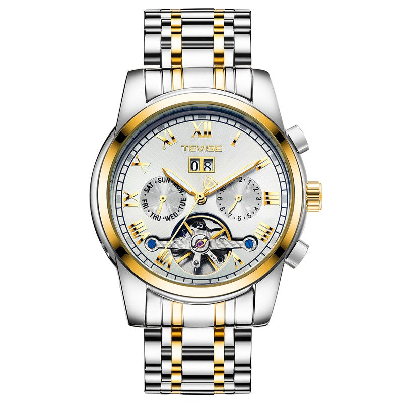 OVERFLY TEVISE Automatic Mechanical Luxury skeleton wrist watch stainless steel strap Analog Watch For Men