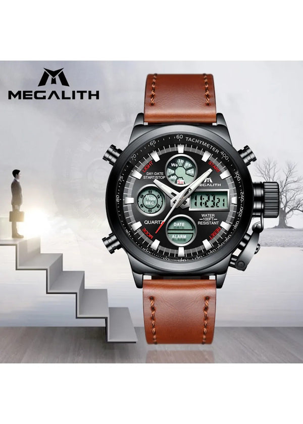 OVERFLY Megalith Analog-Digital Chronograph Sports Leather Strap Watch For-Men 3003