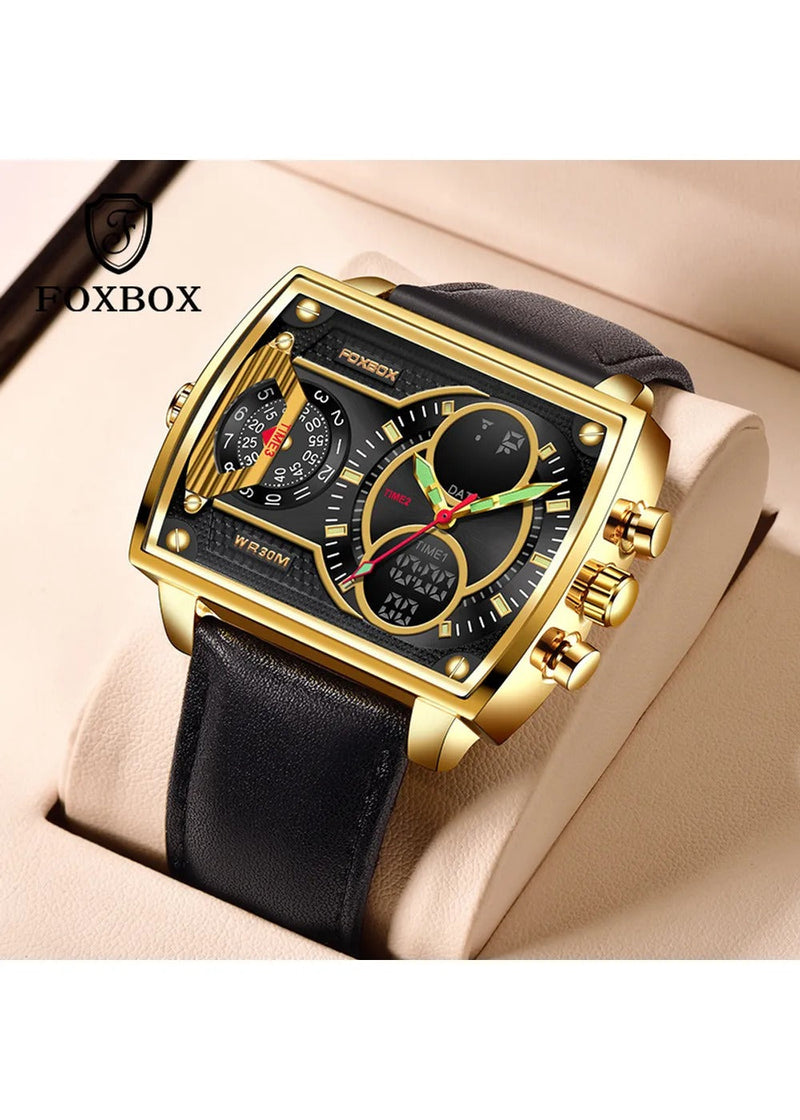 OVERFLY FOXBOX 3 Time Zones Analog Digital Luxury Chronograph Watch for Men - Black Gold