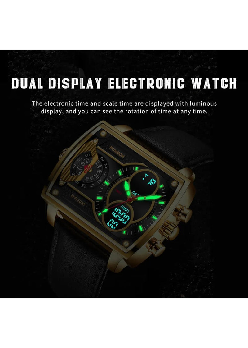 OVERFLY FOXBOX 3 Time Zones Analog Digital Luxury Chronograph Watch for Men - Black Gold