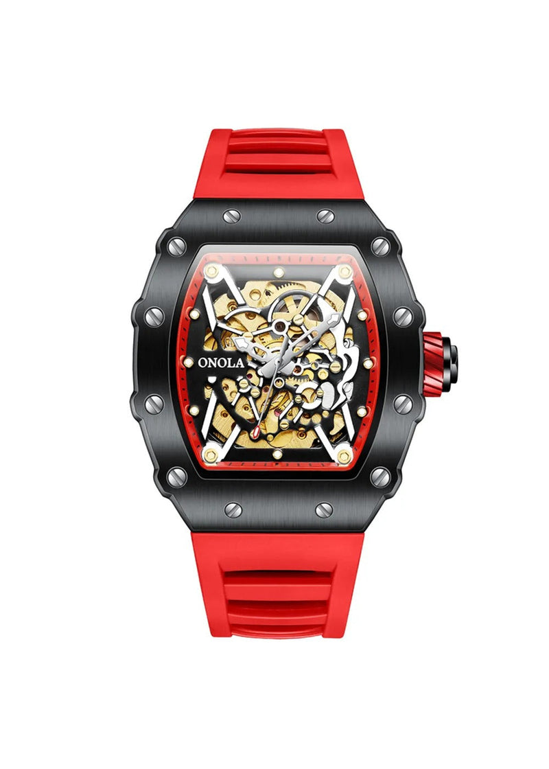 OVERFLY Onola Automatic Mechanical Skeleton Unique Dial Luxury Men's Watch (NOW IN INDIA)3829-BLK-RED