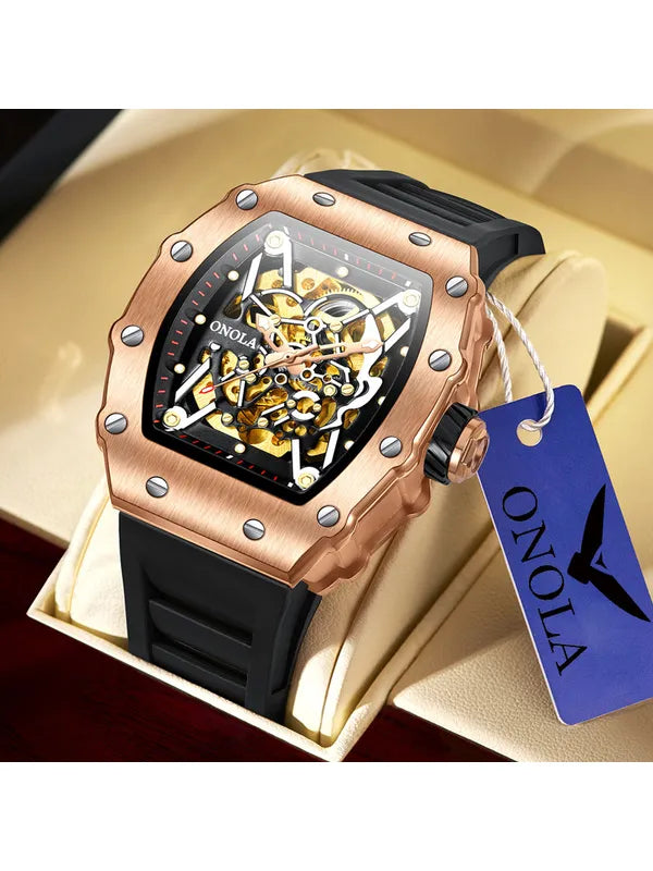 OVERFLY Onola Automatic Mechanical Skeleton Unique Dial Luxury Men's Watch (NOW IN INDIA)3829-Black-Rose Gold