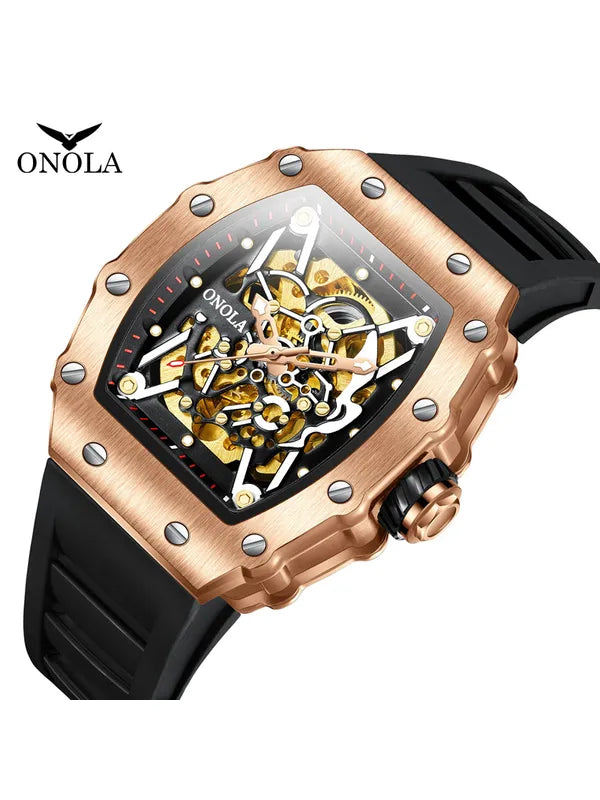 OVERFLY Onola Automatic Mechanical Skeleton Unique Dial Luxury Men's Watch (NOW IN INDIA)3829-Black-Rose Gold