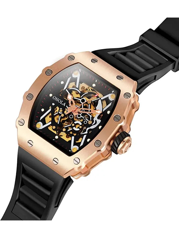 OVERFLY Onola Automatic Mechanical Skeleton Unique Dial Luxury Men's Watch (NOW IN INDIA)3829-Black-Rose Gold