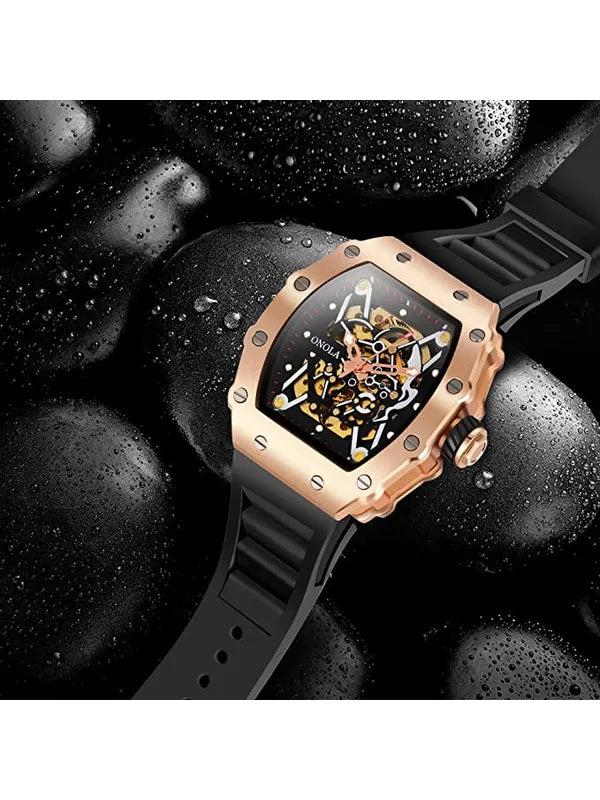 OVERFLY Onola Automatic Mechanical Skeleton Unique Dial Luxury Men's Watch (NOW IN INDIA)3829-Black-Rose Gold