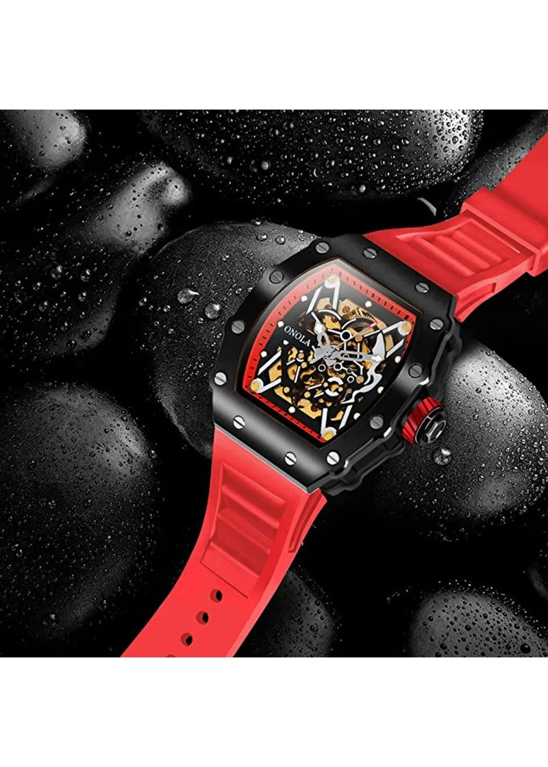 OVERFLY Onola Automatic Mechanical Skeleton Unique Dial Luxury Men's Watch (NOW IN INDIA)3829-BLK-RED