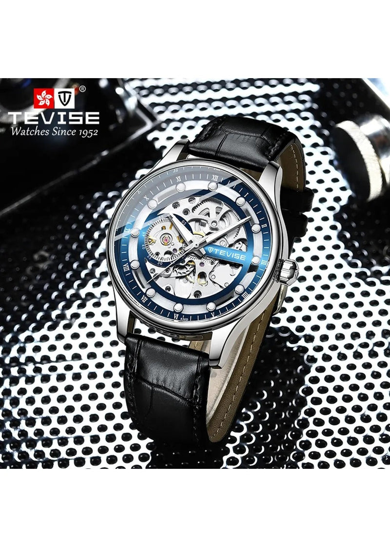 OVERFLY TEVISE Mens Watch Automatic Mechanical Luxury with Black Leather strap wrist Watch for Men