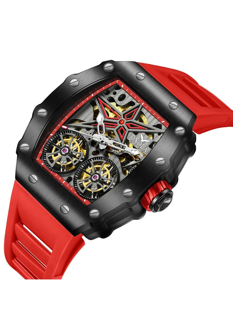 OVERFLY Onola Double Tourbillon Automatic Skeleton Mechanical Flywheel Unique Dial Luxury Men's Watch - 6828-BLK-RED