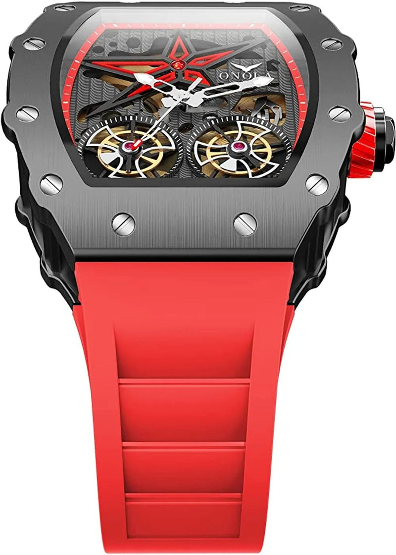 OVERFLY Onola Double Tourbillon Automatic Skeleton Mechanical Flywheel Unique Dial Luxury Men's Watch - 6828-BLK-RED