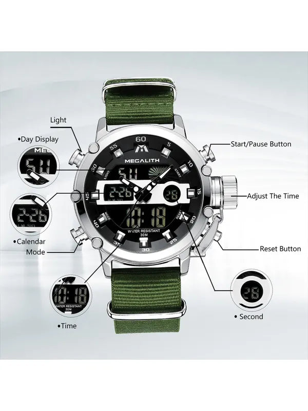 OVERFLY Analog Digital Chronograph Dual Time watch For-Men (NOW IN INDIA) MEGALITH 8051 Silver-Green