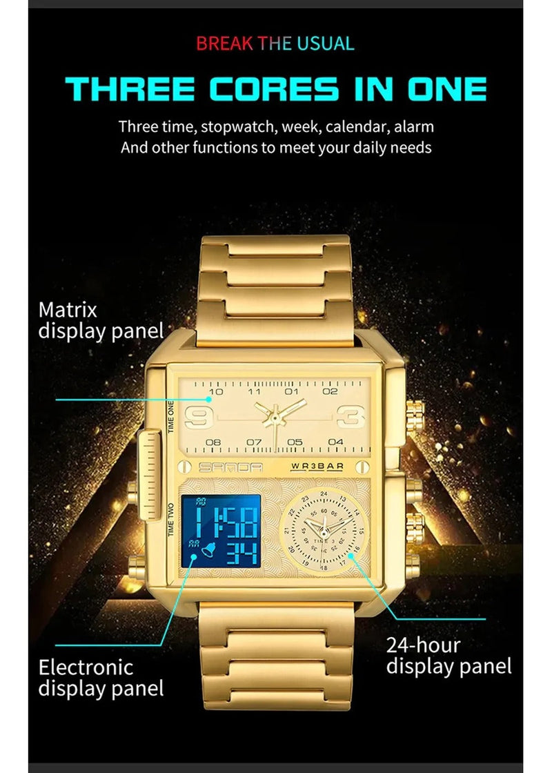 OVERFLY SANDA NOW IN INDIA - Square Dial Men's Analog & Digital Chronograph Watch (GOLD)