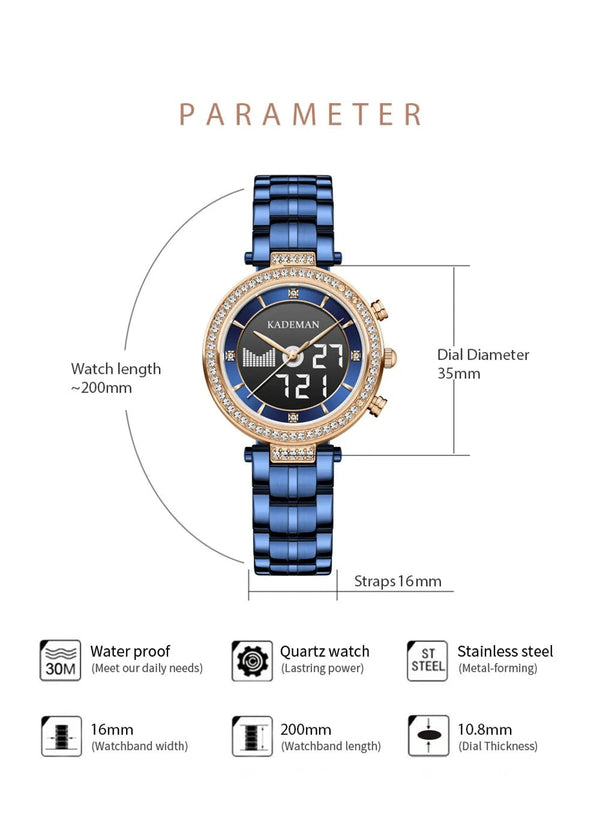 OVERFLY KADEMAN Luxury Digiatl Chronograph & Dual Time ladies Watch ( NOW IN INDIA)(Blue)