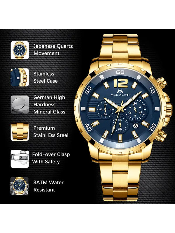 OVERFLY Luxury Chronograph Watch for Men's - MEGALITH NOW IN INDIA (8048-Gold)