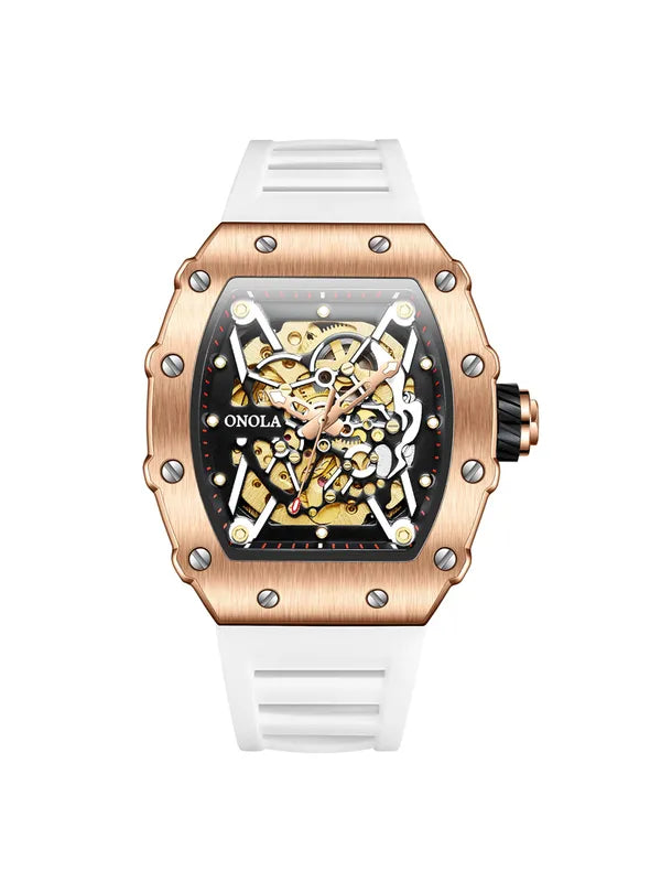 OVERFLY Onola Automatic Mechanical Skeleton Unique Dial Luxury Men's Watch (NOW IN INDIA)3829-White-Rose Gold